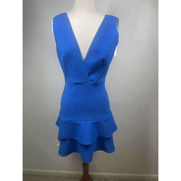 Sandro Paris V Neck Fit To Flare Ruffle Dress Bright Blue Textured Size 1 NWT‎ - Picture 1 of 16